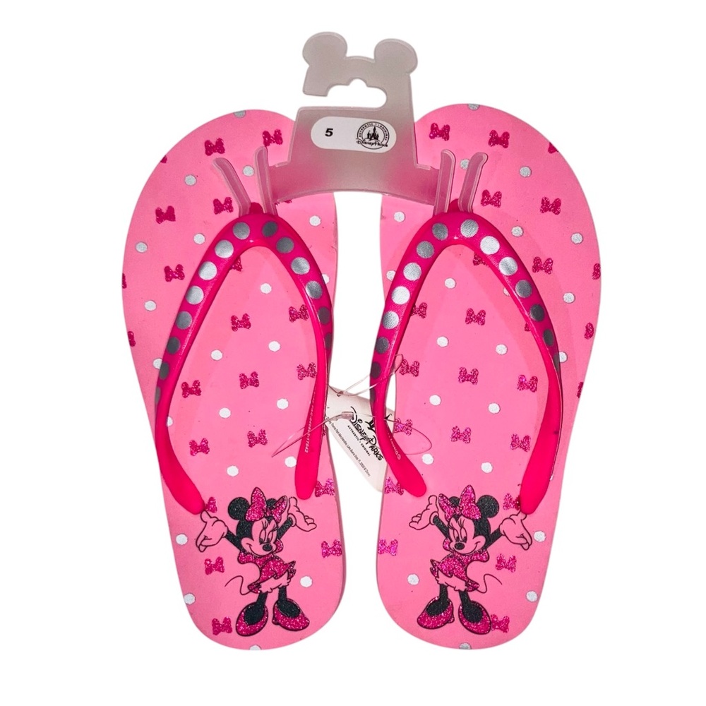 *3 for $30!* Disney Parks Minnie Mouse Pink Glitter Bows Flip Flops Big Girls